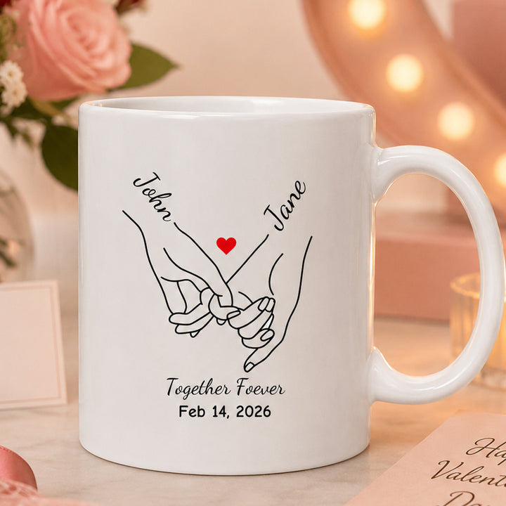 Personalize Anniversary Pinky Promise Heart Mug Pinky Hold Hands Valentines Gift 11oz Ceramic