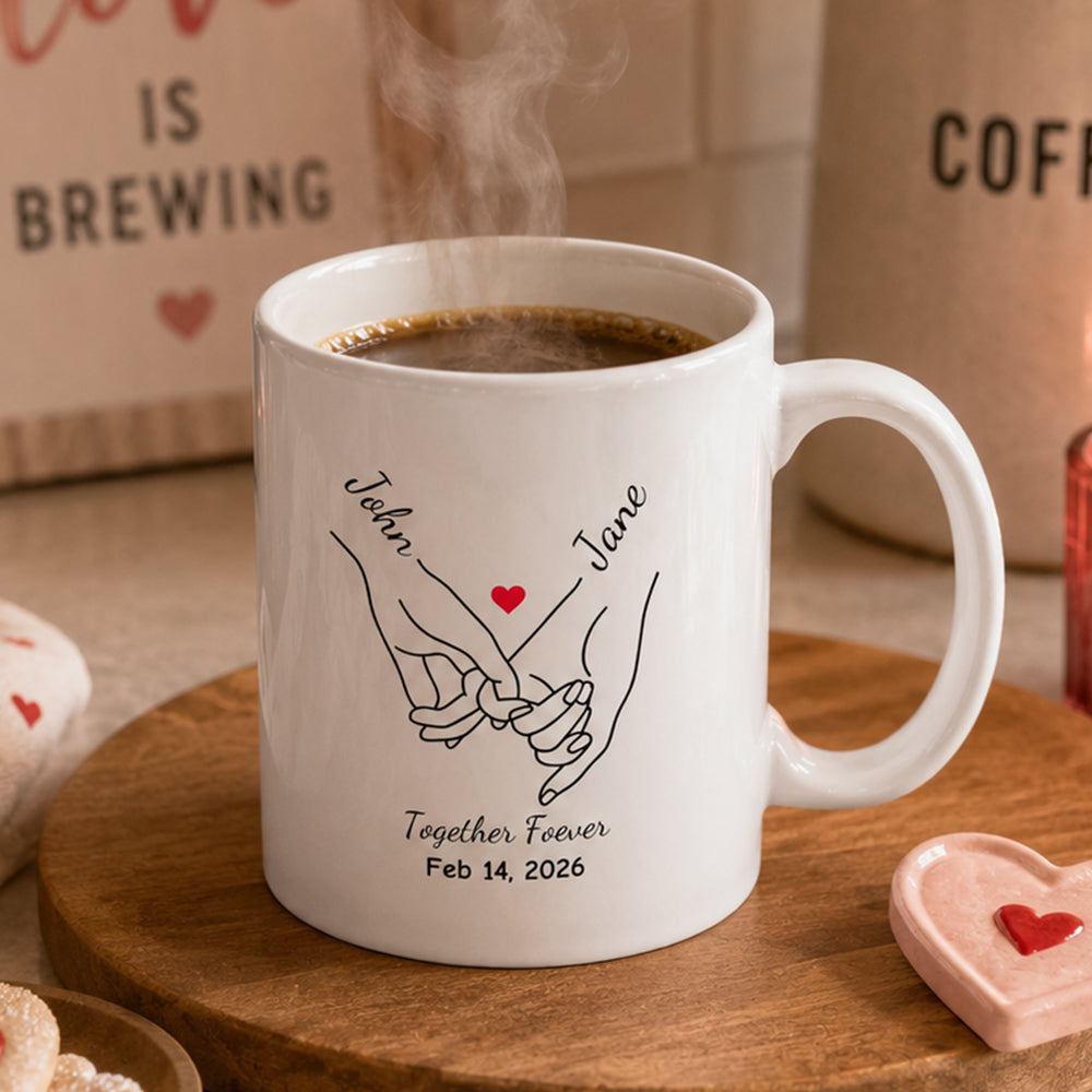 Personalize Anniversary Pinky Promise Heart Mug Pinky Hold Hands Valentines Gift 11oz Ceramic