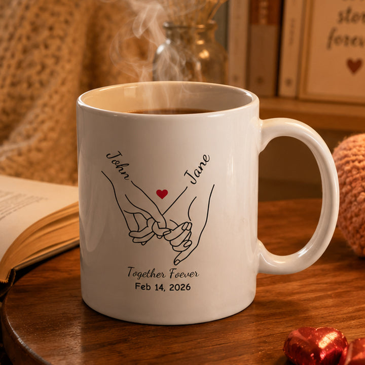 Personalize Anniversary Pinky Promise Heart Mug Pinky Hold Hands Valentines Gift 11oz Ceramic