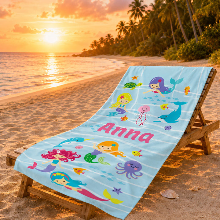 Personalized Mermaid and Ocean Friends Beach Towel for Kids Custom Poolside Towel