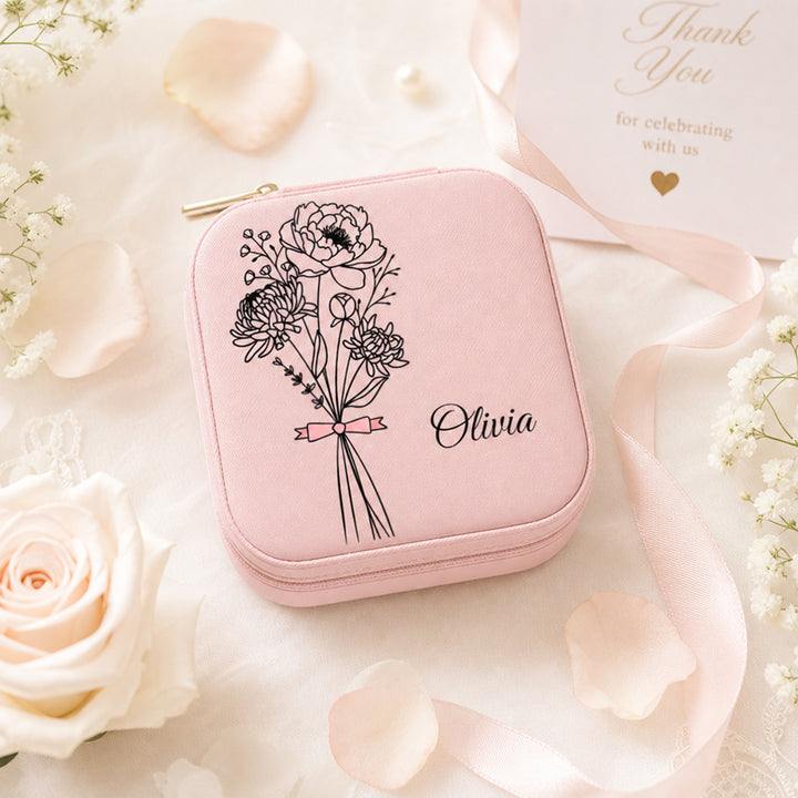 Personalized Birth Flower Jewelry Box Custom Name Leather Travel Case Bridesmaid Mother Wedding Birthday Gift For Women