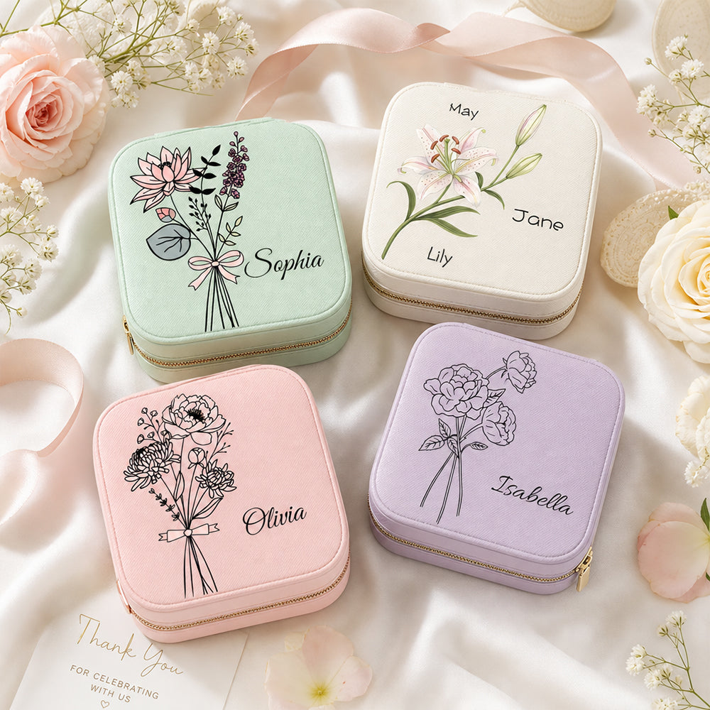 Personalized Birth Flower Jewelry Box Custom Name Leather Travel Case Bridesmaid Mother Wedding Birthday Gift For Women