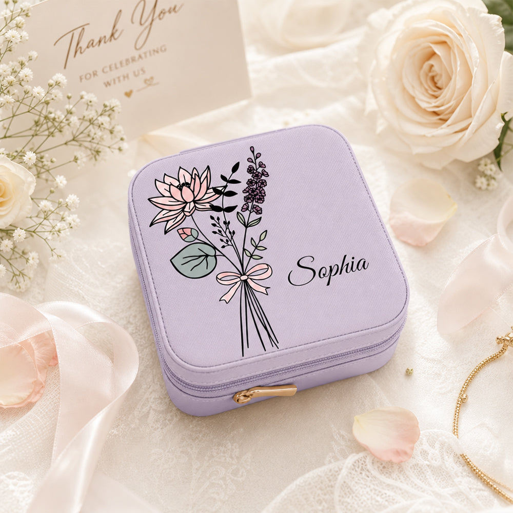 Personalized Birth Flower Jewelry Box Custom Name Leather Travel Case Bridesmaid Mother Wedding Birthday Gift For Women