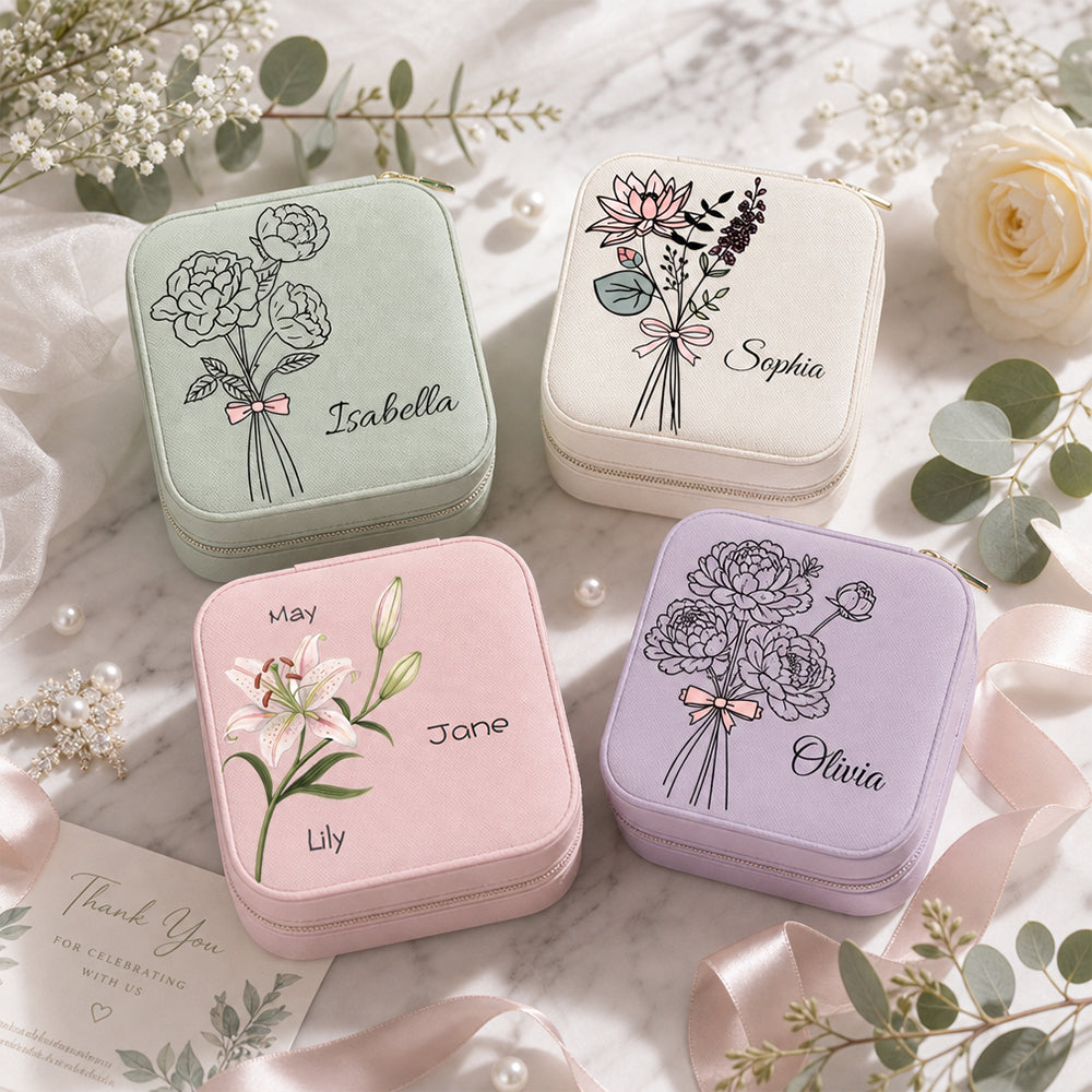 Personalized Birth Flower Jewelry Box Custom Name Leather Travel Case Bridesmaid Mother Wedding Birthday Gift For Women