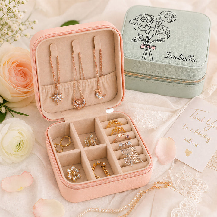 Personalized Birth Flower Jewelry Box Custom Name Leather Travel Case Bridesmaid Mother Wedding Birthday Gift For Women