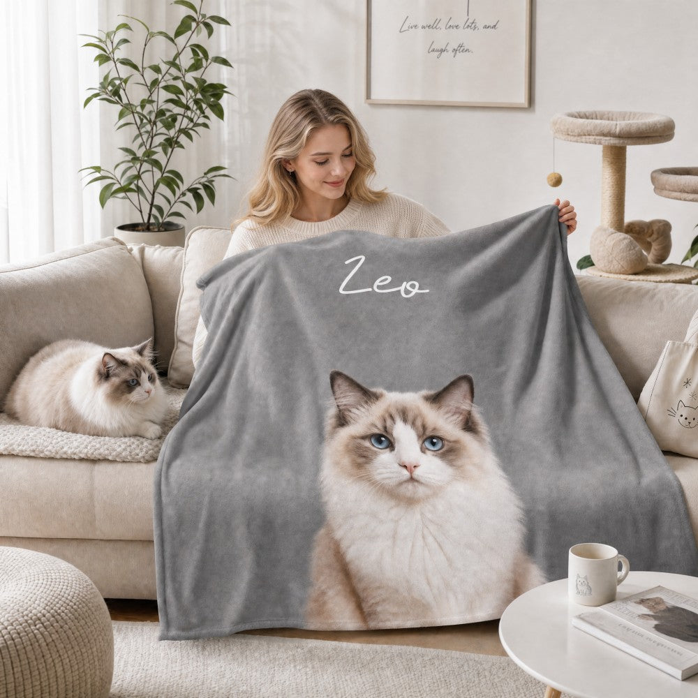 Personalized Watercolor Style Pet Portrait Flannel Blanket Featuring Dog Cat Photo Custom Name Pet Memorial Gift for Pet Owners Lovers