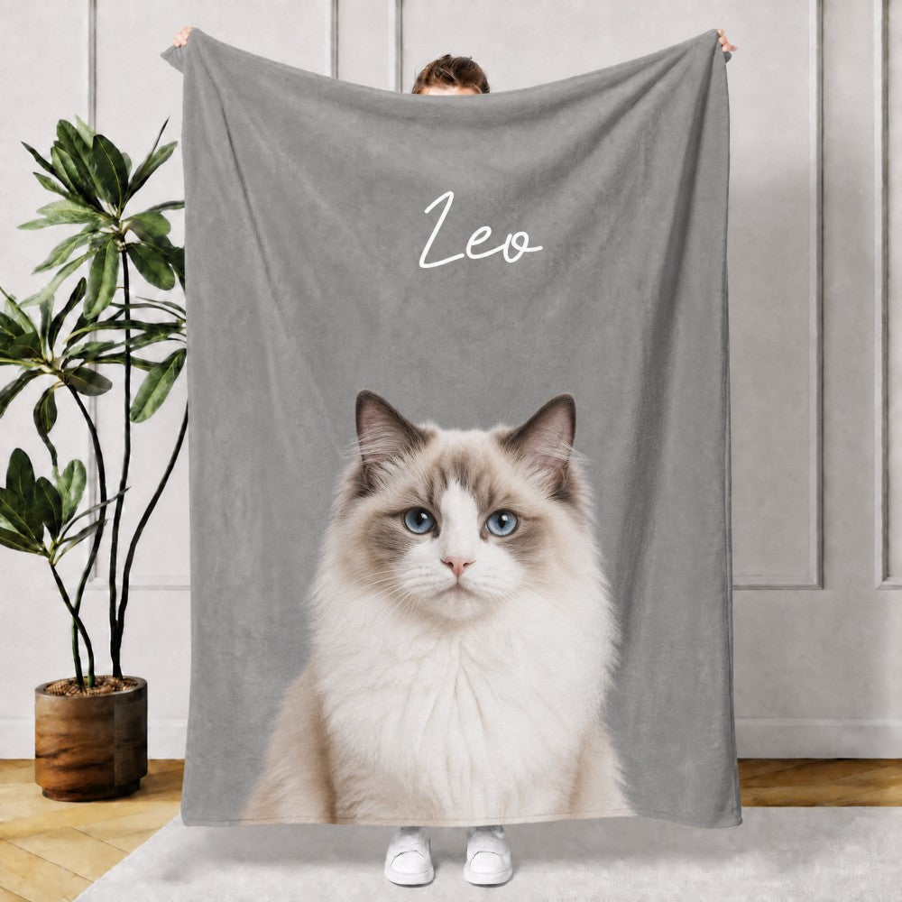 Personalized Watercolor Style Pet Portrait Flannel Blanket Featuring Dog Cat Photo Custom Name Pet Memorial Gift for Pet Owners Lovers