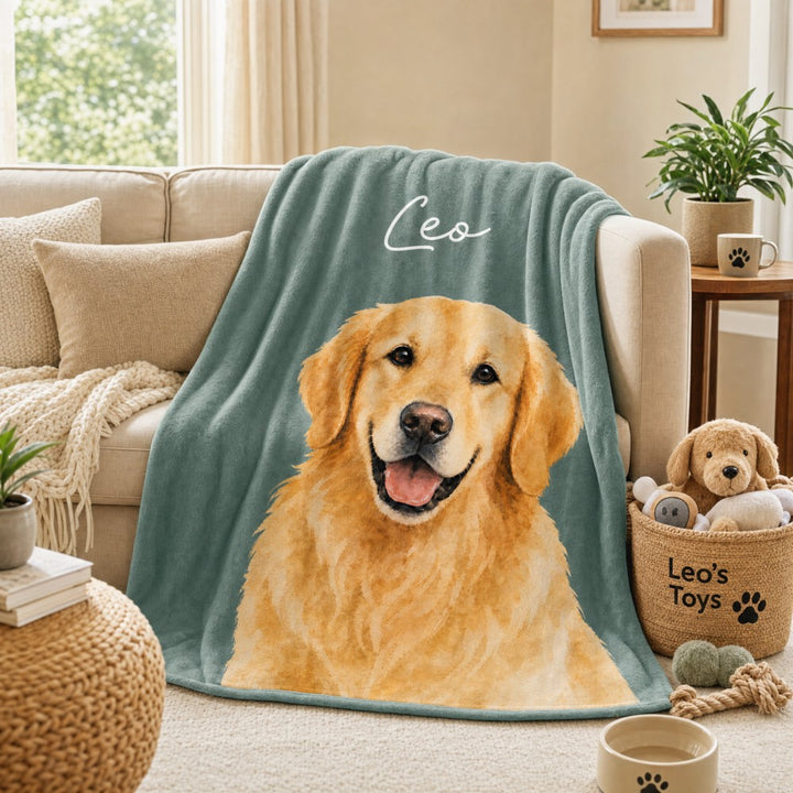 Personalized Watercolor Style Pet Portrait Flannel Blanket Featuring Dog Cat Photo Custom Name Pet Memorial Gift for Pet Owners Lovers