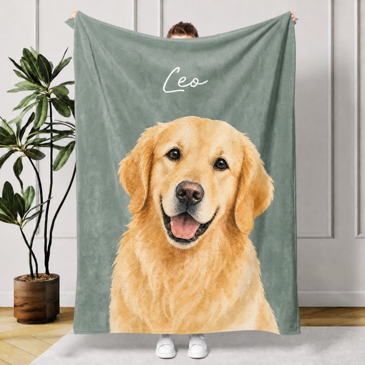Personalized Watercolor Style Pet Portrait Flannel Blanket Featuring Dog Cat Photo Custom Name Pet Memorial Gift for Pet Owners Lovers