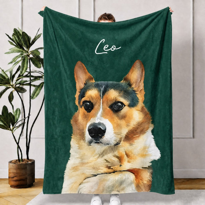 Personalized Watercolor Style Pet Portrait Flannel Blanket Featuring Dog Cat Photo Custom Name Pet Memorial Gift for Pet Owners Lovers