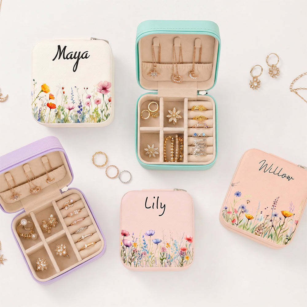 Personalized Floral PU Leather Jewelry Box Portable Travel Case Wedding Bridesmaid Birthday Gift For Women
