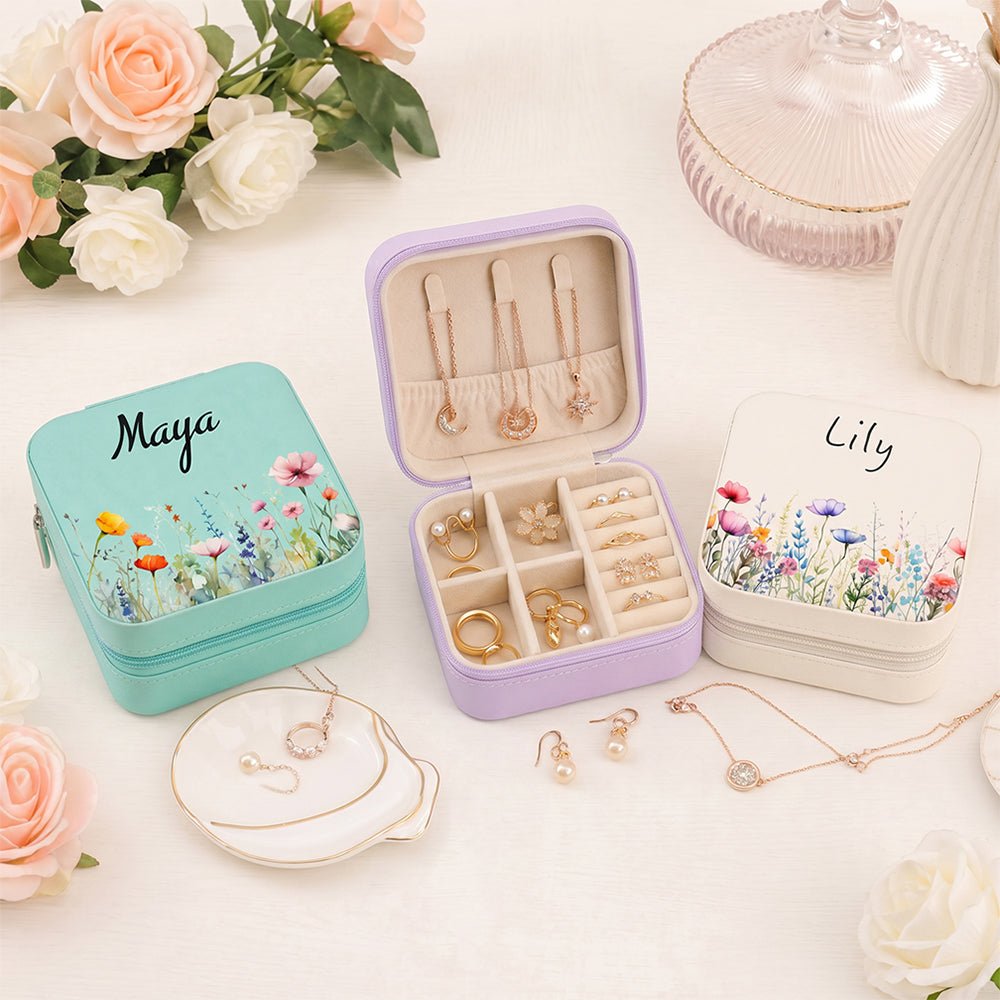 Personalized Floral PU Leather Jewelry Box Portable Travel Case Wedding Bridesmaid Birthday Gift For Women
