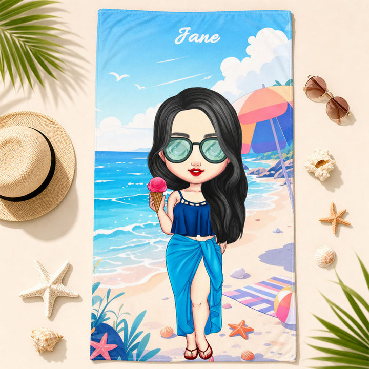 Personalized Portrait Clipart Summer Travel Beach Towel for Women Girls Besties Beach Vacation Gift