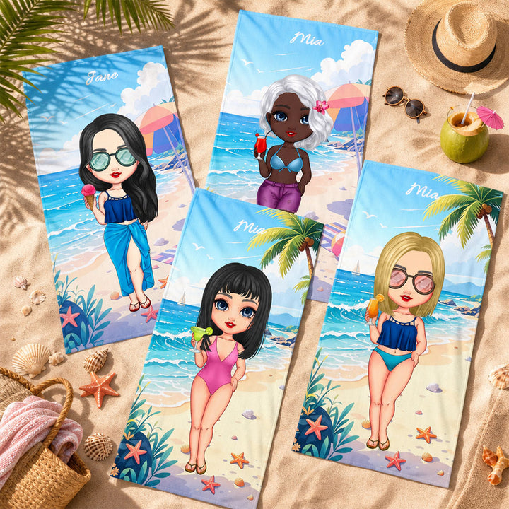 Personalized Portrait Clipart Summer Travel Beach Towel for Women Girls Besties Beach Vacation Gift
