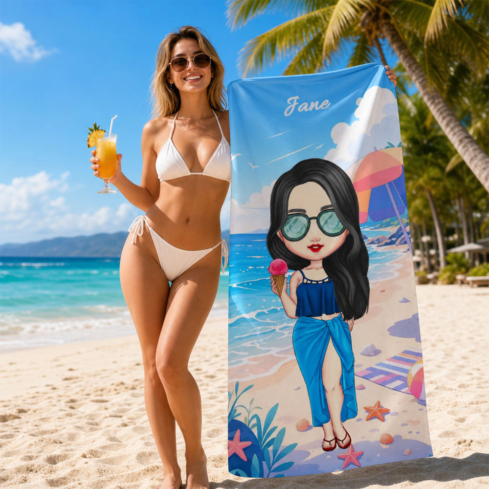 Personalized Portrait Clipart Summer Travel Beach Towel for Women Girls Besties Beach Vacation Gift