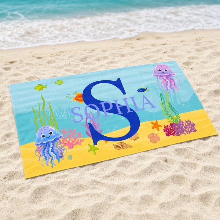 Personalized Sea Animal Kids Beach Towel Custom Name Initial for Children Summer Pool Travel Gift