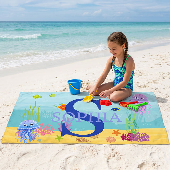 Personalized Sea Animal Kids Beach Towel Custom Name Initial for Children Summer Pool Travel Gift