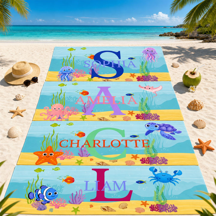Personalized Sea Animal Kids Beach Towel Custom Name Initial for Children Summer Pool Travel Gift