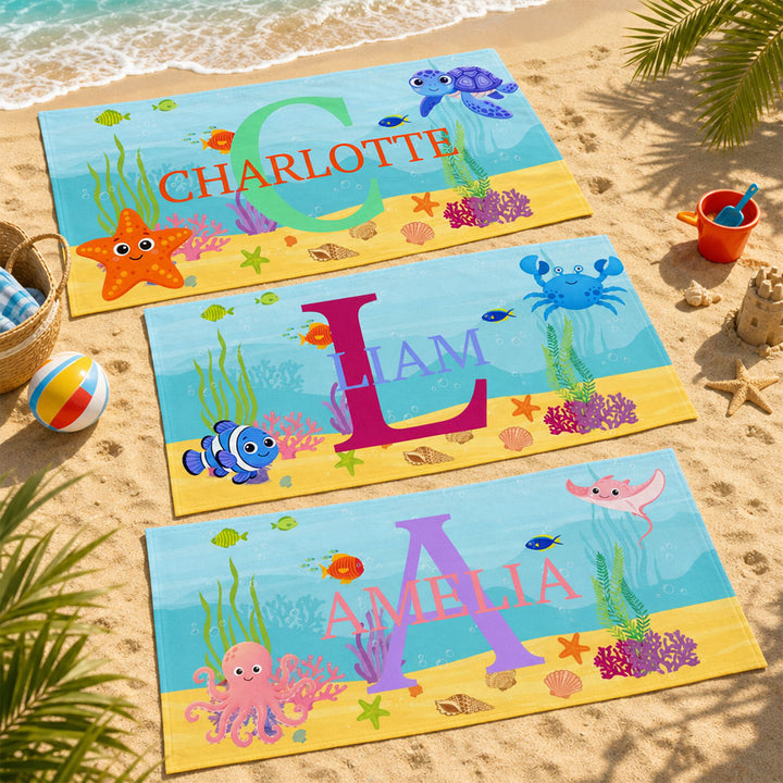 Personalized Sea Animal Kids Beach Towel Custom Name Initial for Children Summer Pool Travel Gift