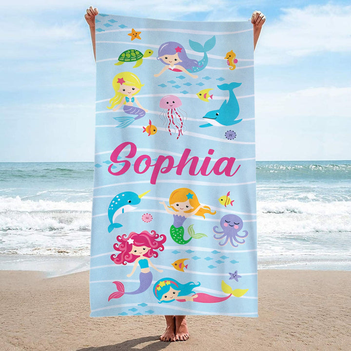 Personalized Mermaid and Ocean Friends Beach Towel for Kids Custom Poolside Towel