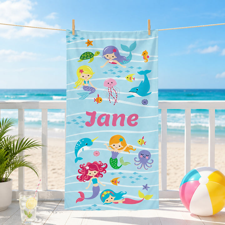Personalized Mermaid and Ocean Friends Beach Towel for Kids Custom Poolside Towel