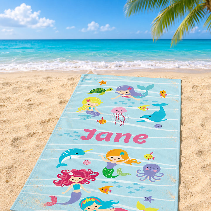 Personalized Mermaid and Ocean Friends Beach Towel for Kids Custom Poolside Towel