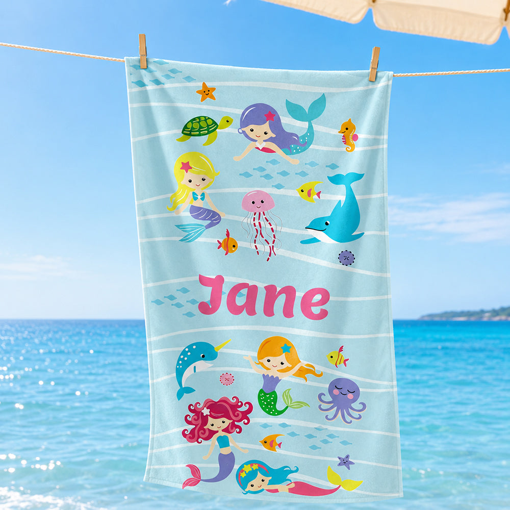 Personalized Mermaid and Ocean Friends Beach Towel for Kids Custom Poolside Towel