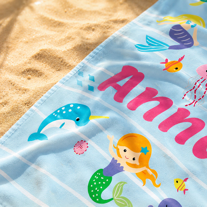 Personalized Mermaid and Ocean Friends Beach Towel for Kids Custom Poolside Towel