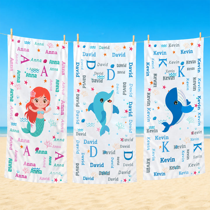 Personalized Cute And Beachy Towel Sea Animals Fantasy Mermaid Word Custom Name Summer Vacation Birthday Gift for Kids