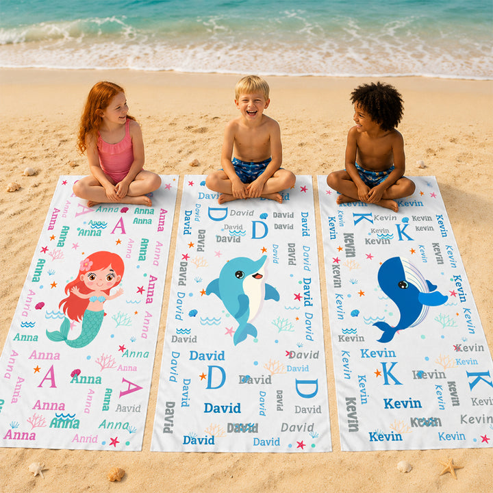 Personalized Cute And Beachy Towel Sea Animals Fantasy Mermaid Word Custom Name Summer Vacation Birthday Gift for Kids