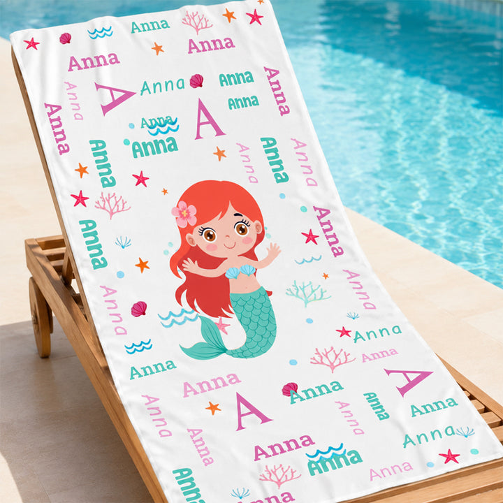 Personalized Cute And Beachy Towel Sea Animals Fantasy Mermaid Word Custom Name Summer Vacation Birthday Gift for Kids
