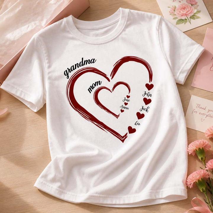 Personalized Grandma Mom Heart T-Shirt Custom Name Family Shirt Double Heart Design Tee Mother&