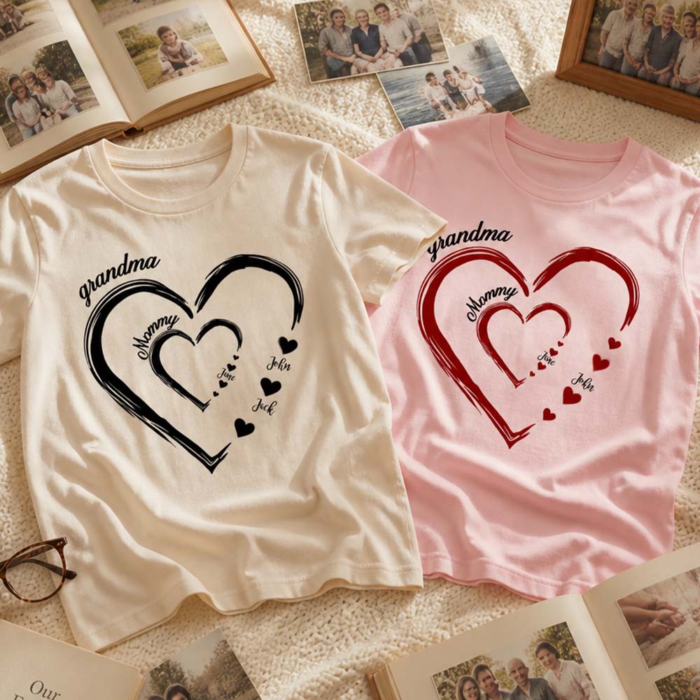 Personalized Grandma Mom Heart T-Shirt Custom Name Family Shirt Double Heart Design Tee Mother&