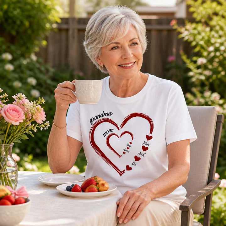 Personalized Grandma Mom Heart T-Shirt Custom Name Family Shirt Double Heart Design Tee Mother&