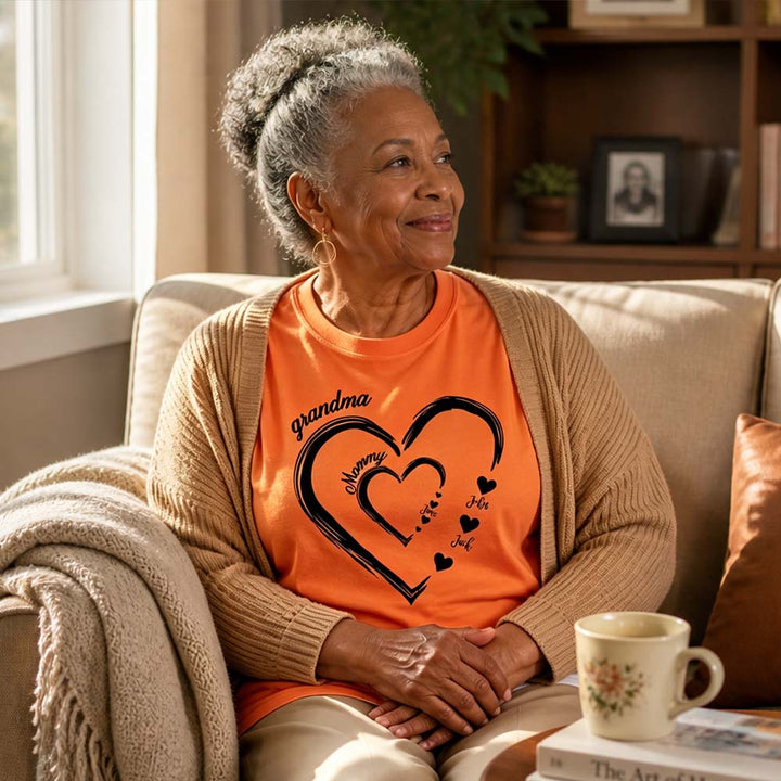Personalized Grandma Mom Heart T-Shirt Custom Name Family Shirt Double Heart Design Tee Mother&