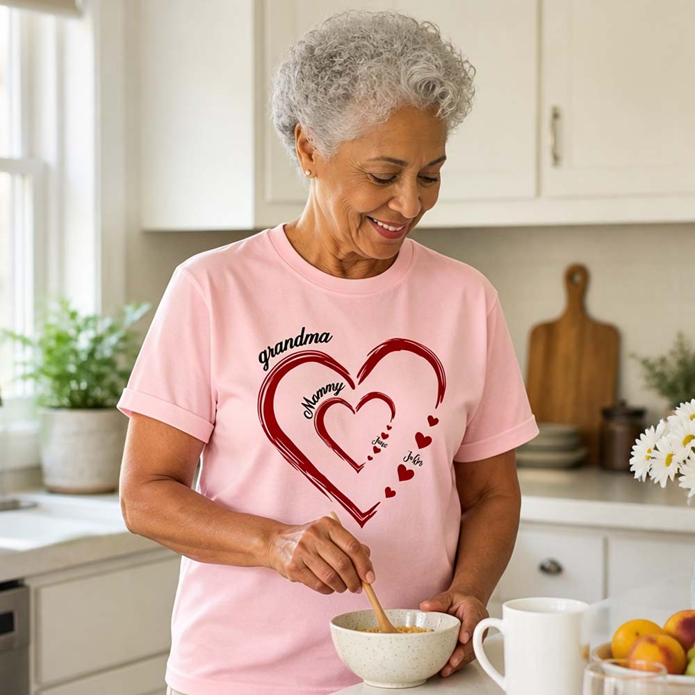 Personalized Grandma Mom Heart T-Shirt Custom Name Family Shirt Double Heart Design Tee Mother&