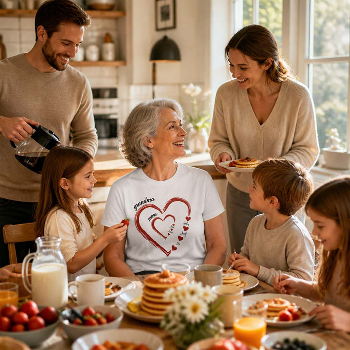 Personalized Grandma Mom Heart T-Shirt Custom Name Family Shirt Double Heart Design Tee Mother&