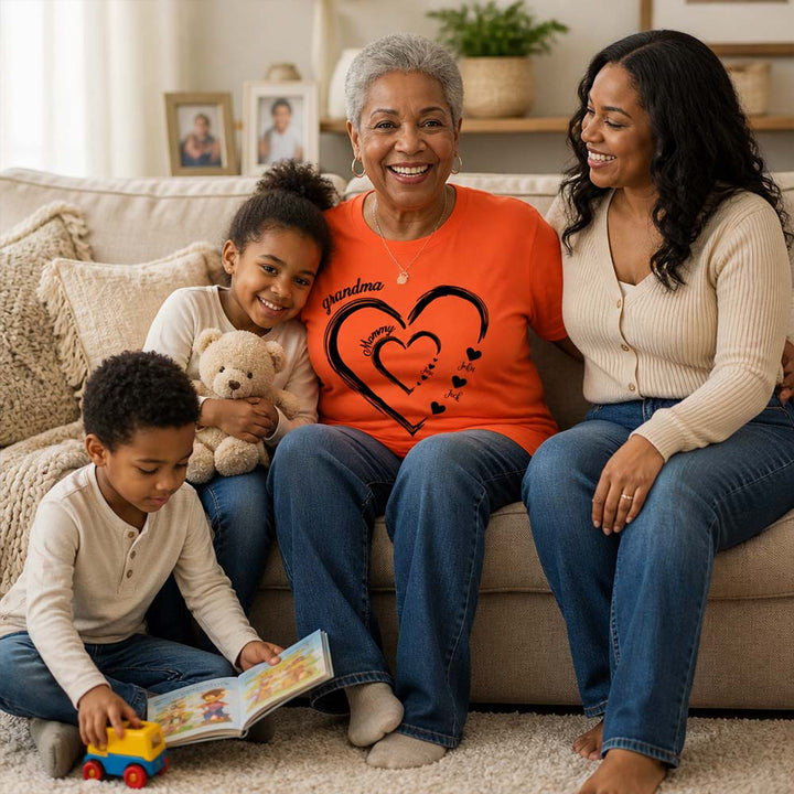 Personalized Grandma Mom Heart T-Shirt Custom Name Family Shirt Double Heart Design Tee Mother&