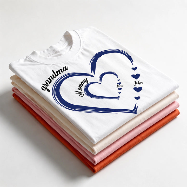 Personalized Grandma Mom Heart T-Shirt Custom Name Family Shirt Double Heart Design Tee Mother&