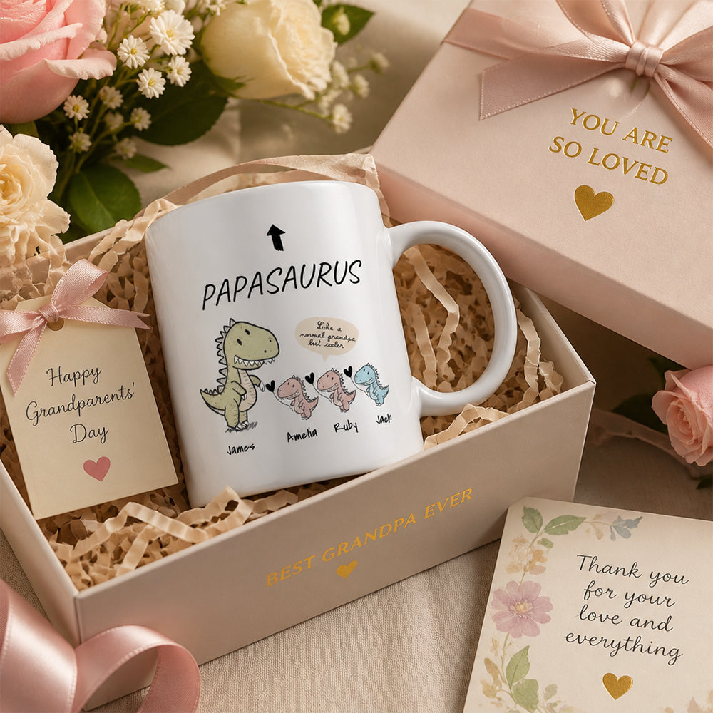 Personalized Papasaurus and Kids Mug Cute Style 11oz Ceramic Mug Gift for Grandpa