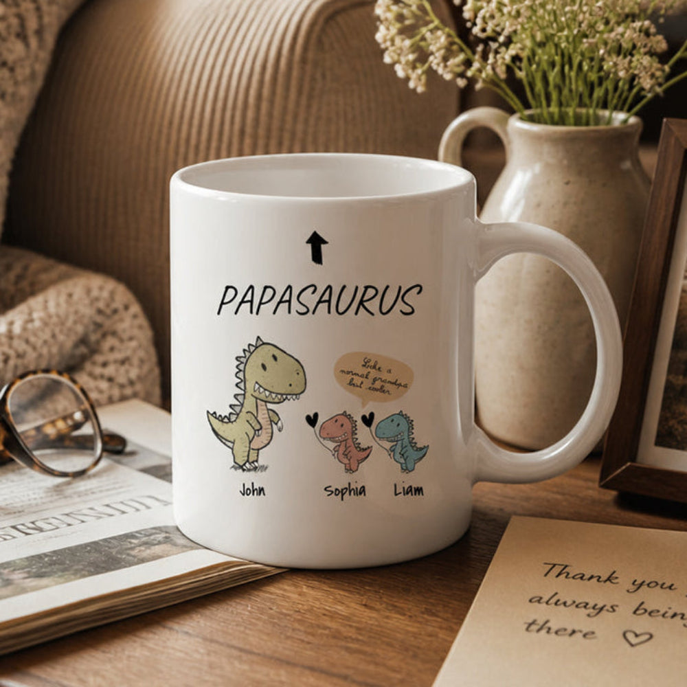 Personalized Papasaurus and Kids Mug Cute Style 11oz Ceramic Mug Gift for Grandpa