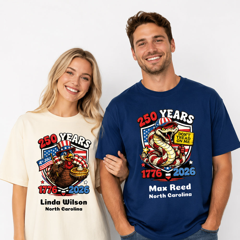 Personalized Patriotic Animal T-Shirt Raccoon Eagle Bison Wolf Rattlesnake Turkey USA 250th Anniversary Custom Name Independence Day Shirt