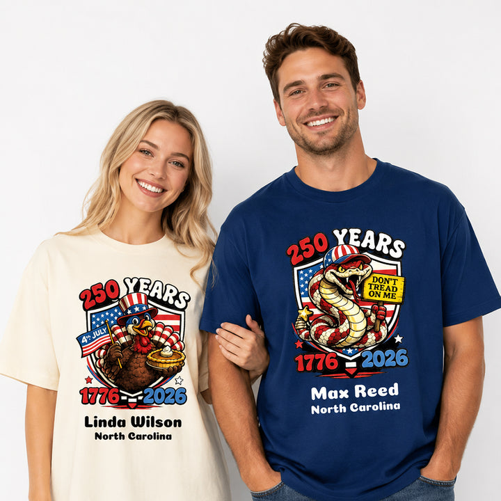 Personalized Patriotic Animal T-Shirt Raccoon Eagle Bison Wolf Rattlesnake Turkey USA 250th Anniversary Custom Name Independence Day Shirt