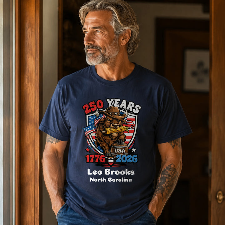 Personalized Patriotic Animal T-Shirt Raccoon Eagle Bison Wolf Rattlesnake Turkey USA 250th Anniversary Custom Name Independence Day Shirt