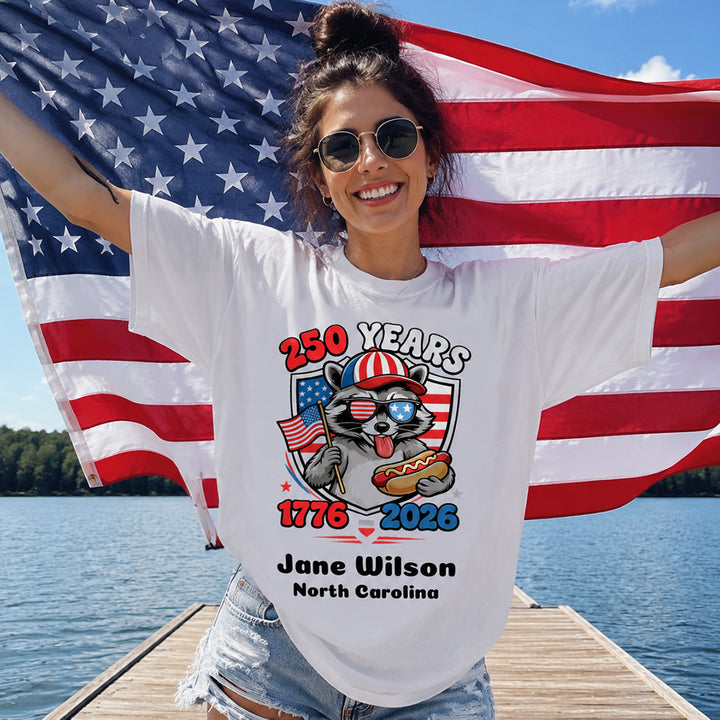 Personalized Patriotic Animal T-Shirt Raccoon Eagle Bison Wolf Rattlesnake Turkey USA 250th Anniversary Custom Name Independence Day Shirt