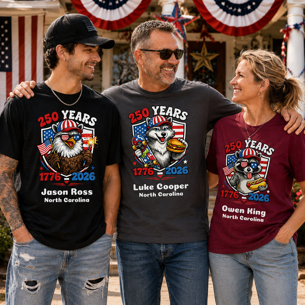 Personalized Patriotic Animal T-Shirt Raccoon Eagle Bison Wolf Rattlesnake Turkey USA 250th Anniversary Custom Name Independence Day Shirt