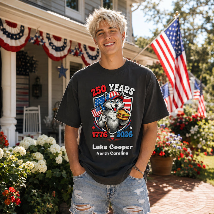 Personalized Patriotic Animal T-Shirt Raccoon Eagle Bison Wolf Rattlesnake Turkey USA 250th Anniversary Custom Name Independence Day Shirt