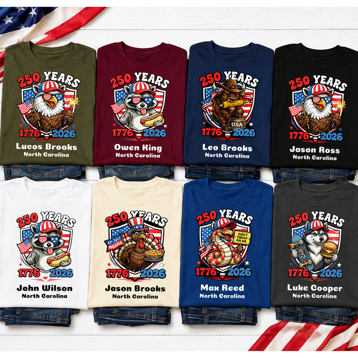 Personalized Patriotic Animal T-Shirt Raccoon Eagle Bison Wolf Rattlesnake Turkey USA 250th Anniversary Custom Name Independence Day Shirt