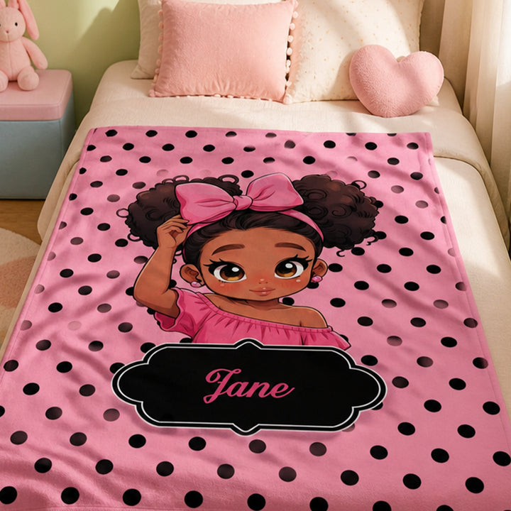 Personalized Polka Dots Cute Cartoon Little Girl Soft Flannel Blanket with Name Birthday Gift for Black Girl