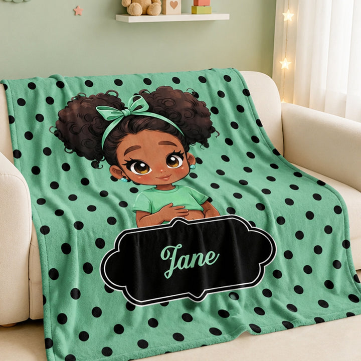 Personalized Polka Dots Cute Cartoon Little Girl Soft Flannel Blanket with Name Birthday Gift for Black Girl